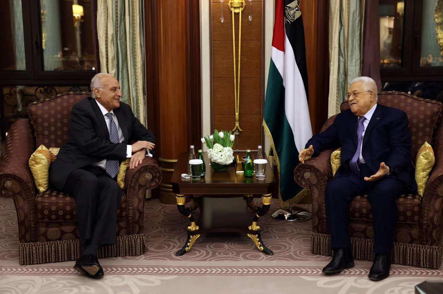 Algerian FM Attaf Received in Riyadh by Mahmoud Abbas